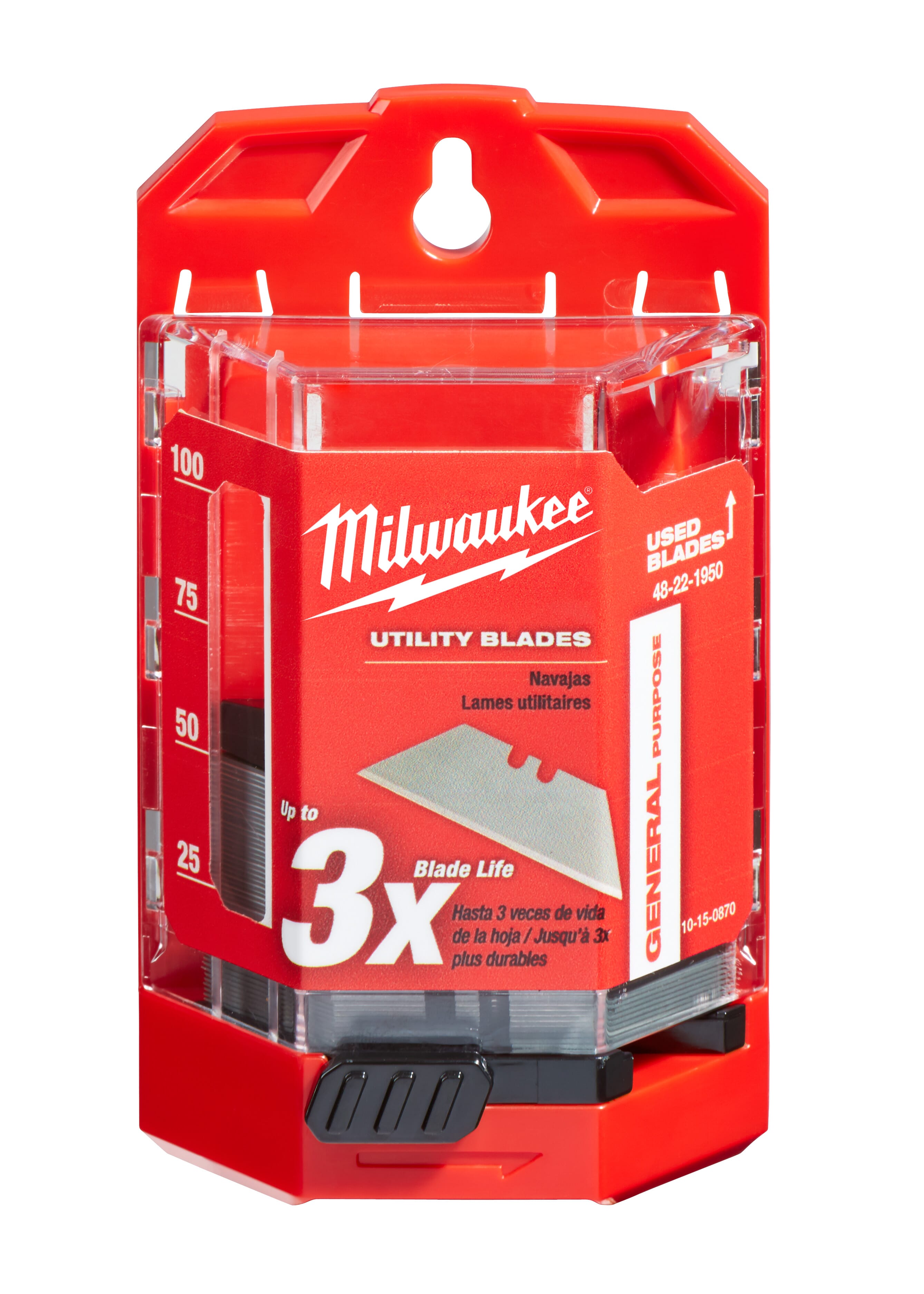 Milwaukee® 48-22-1950 50-Piece General Purpose Utility Blade With Dispenser, Micro Carbide Metal, Sharp Point/Straight Edge, 2-3/8 in L x 3/4 in W Blade, Compatible With: Milwaukee® Most Standard Utility Knives, 0.025 in THK